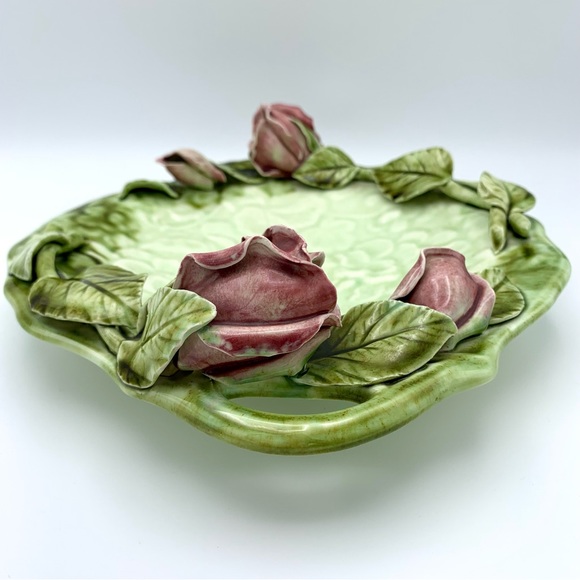 Vintage Majolica Pottery Platter 12” Green Leaves Pink Capodimonte Raised Roses - Picture 6 of 16
